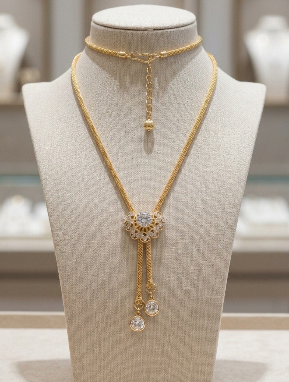 Vintage 60s Old Money Gold Tone Lariat Mesh Chain Crystal Accent Necklace